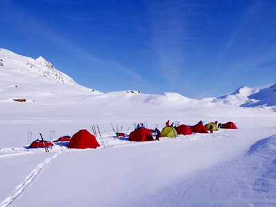 Setting up camp in snow